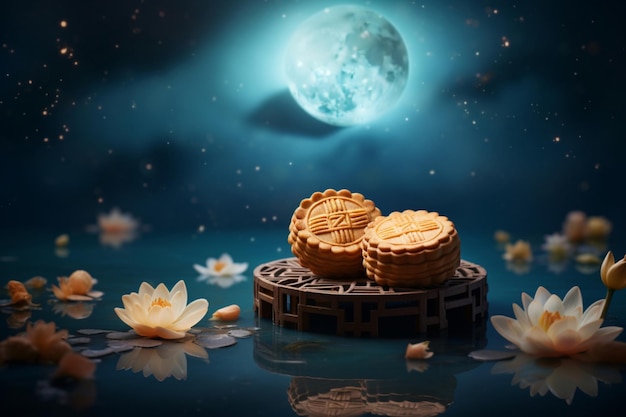 Mooncakes on the background of the full moon MidAutumn Day in China 1