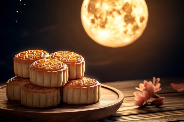 Photo mooncakes rests wooden table