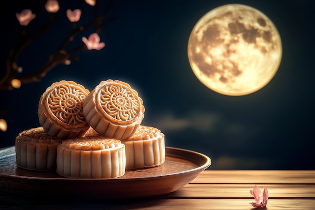 Photo mooncakes rests wooden table