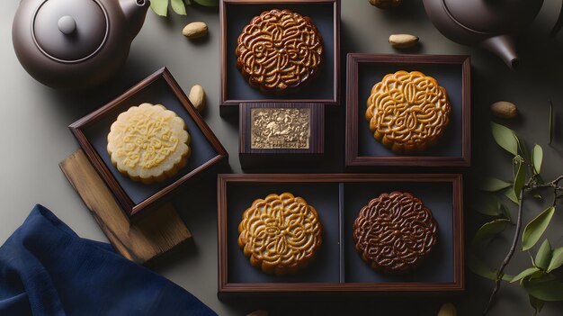 Photo mooncakes in traditional boxes are beside wooden teapots and blue napkins on the table