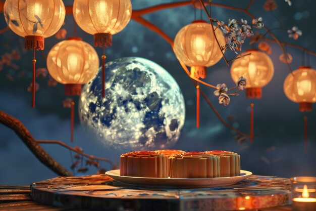 Photo mooncakes with lantern and oriental background mid autumn festival concept