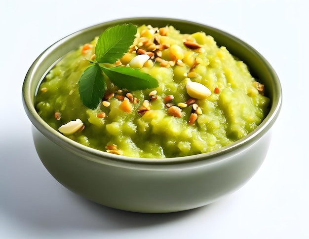 Moong dal halwa dish in bowl on white background