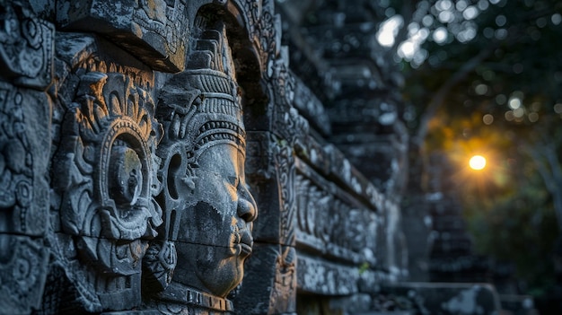 The moonlight dances through the ruins highlighting intricate carvings and symbols on weathered