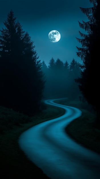 Photo moonlight illuminates a winding road through a dark forest