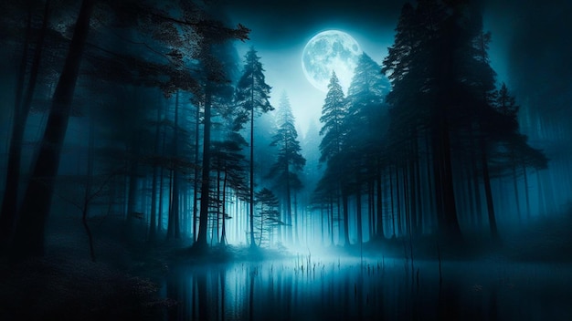 Moonlight Illuminating a Dark Forest Under the Night Sky