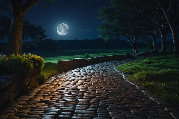 Photo moonlight illuminating a quiet cobblestone path