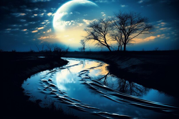 Moonlight illuminating a winding river