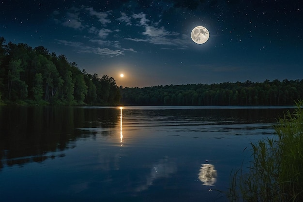 Moonlight at the lake with shining moon woods and stars