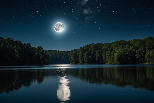 Moonlight at the lake with shining moon woods and stars