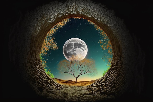 Moonlight at night on beautiful fantasy unreal surreal landscape center circular plant moon and tree