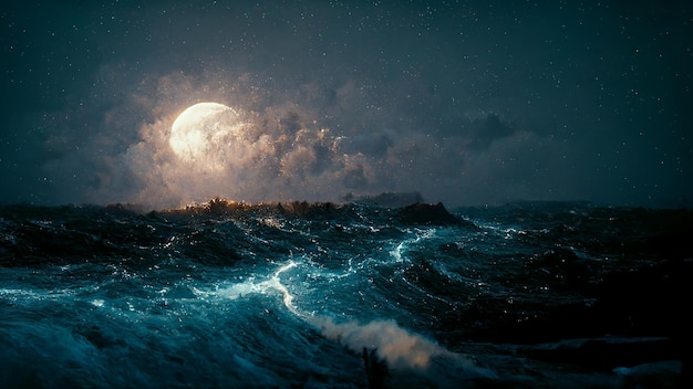 Moonlight Night Stormy Seascape Spectacular Impressive Art Illustration