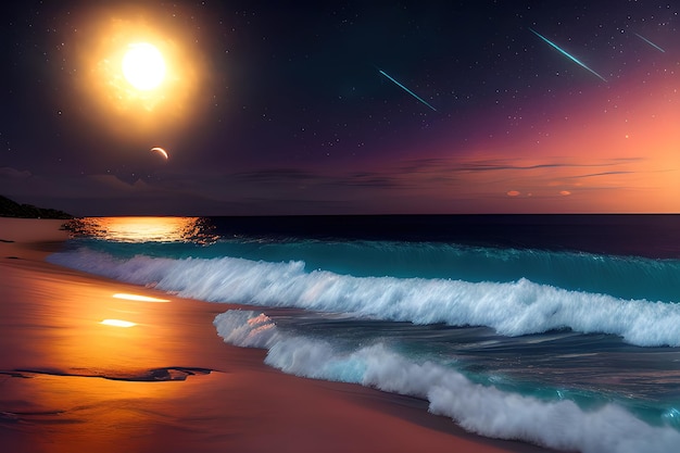 moonlight, night view of the Caribbean sea, meteor, stars