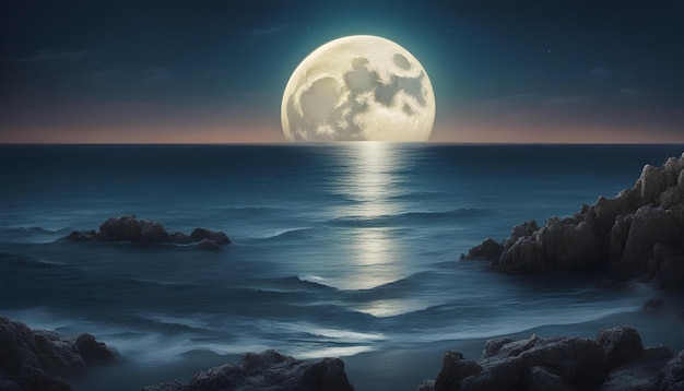 Photo moonlight in ocean landscape bright full moon over the sea