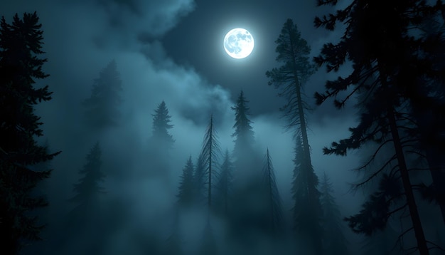 Moonlight rays through the fog and spruce trees of magic mystery night forest Halloween backdrop