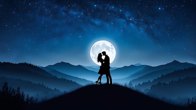 Photo moonlight romance couple embraces under starry sky mountains