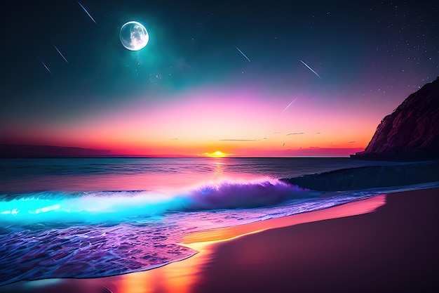 moonlight sea meteor stars background