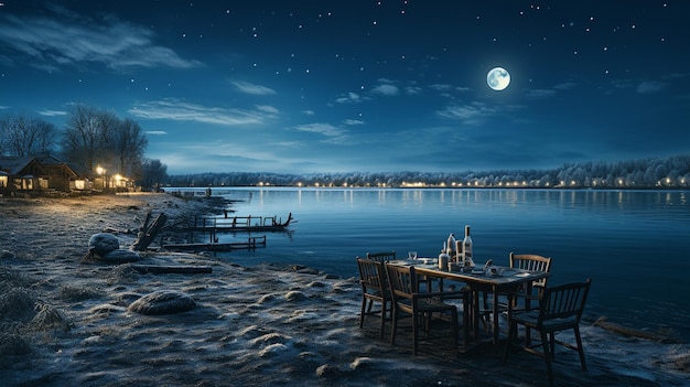 moonlit beach scene with a calm ocean HD 8k wall paper Stock Photographic image