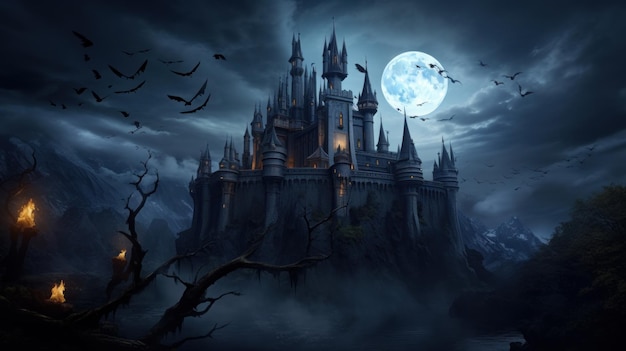 Moonlit castle with bats flying overhead representing a mysterious and enchanting Halloween location