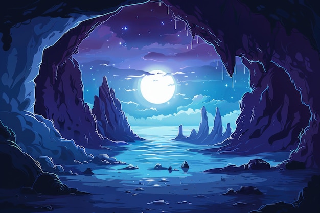 Moonlit Cave Entrance With a View of a Fantasy Seascape