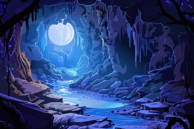 Moonlit Cave and River