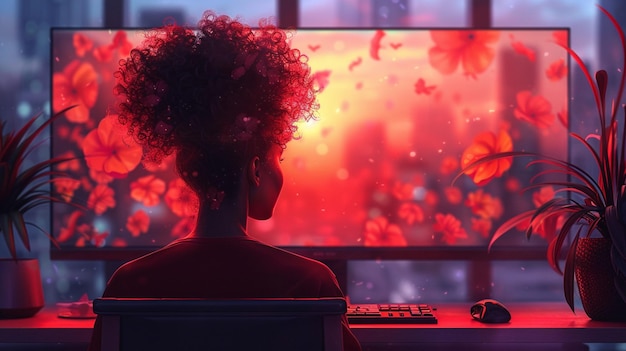 Moonlit Coding Woman Engrossed in Computer Work Against Red Lunar Glow