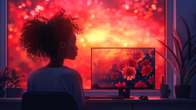 Moonlit Coding Woman Engrossed in Computer Work Against Red Lunar Glow