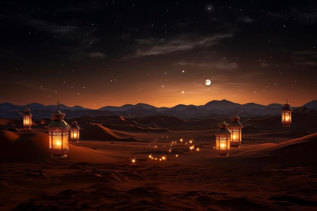 Photo moonlit desert with ramadan lanterns islamic ramadan kareem background islamic new year