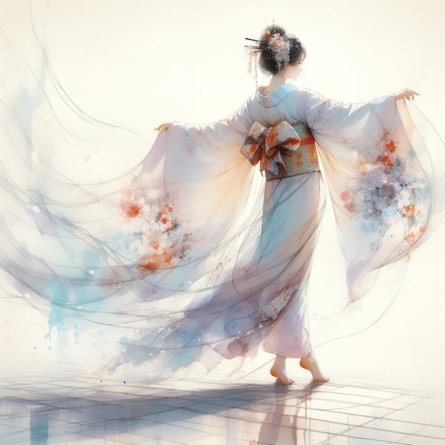 Moonlit Elegance A Traditional Dancer in Flowing Kimono with Generative AI