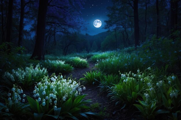 Moonlit Forest Path with Blooming Flowers