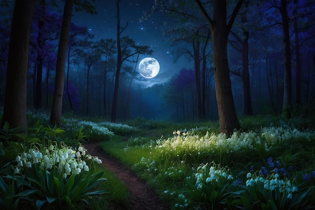 Moonlit Forest Path with Blooming Flowers