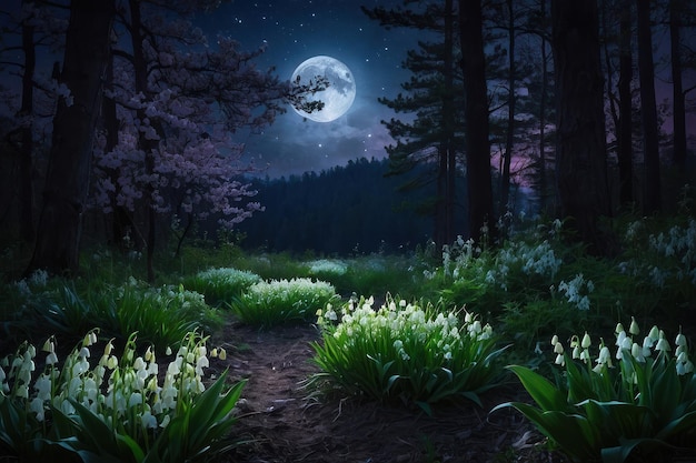 Moonlit Forest Path with Blooming Flowers