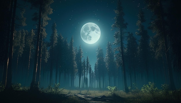 Moonlit forest with tall trees digital art illustration Generative AI