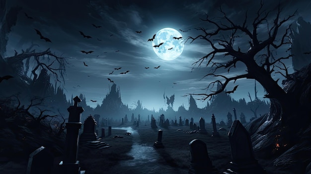 Moonlit graveyard background with bats