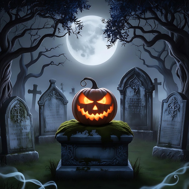 Moonlit graveyard scene with carved Halloween pumpkins tombstones and eerie trees