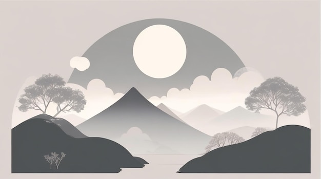 Moonlit Horizon Drawing of a Night Landscape with Mountain and Moon in Captivating Serenity