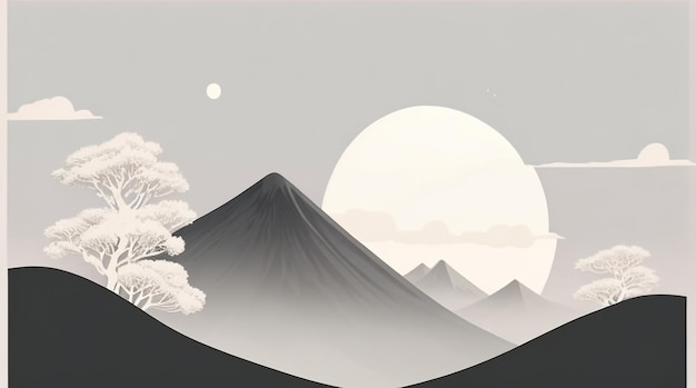 Moonlit Horizon Drawing of a Night Landscape with Mountain and Moon in Captivating Serenity