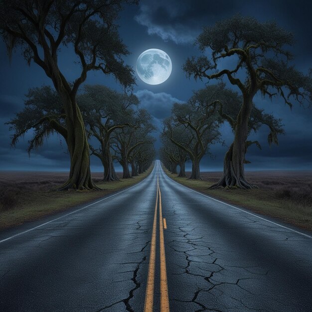 Moonlit Isolation A Haunting Journey Down a Deserted Road