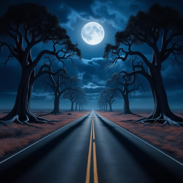 Photo moonlit isolation a haunting journey down a deserted road