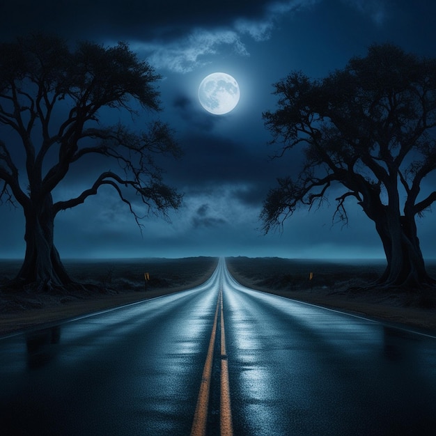 Moonlit Isolation A Haunting Journey Down a Deserted Road