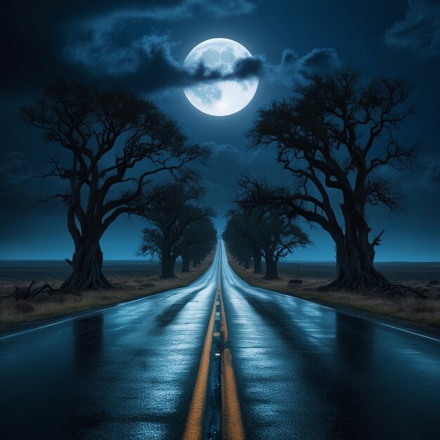 Photo moonlit isolation a haunting journey down a deserted road