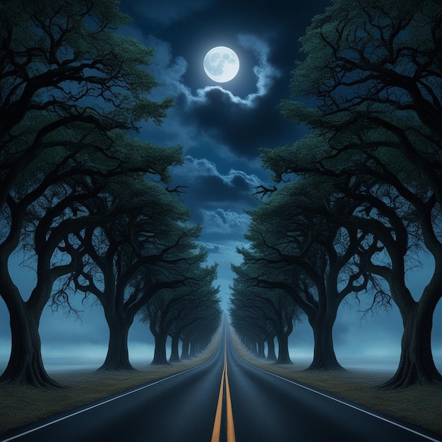 Moonlit Isolation A Haunting Journey Down a Deserted Road