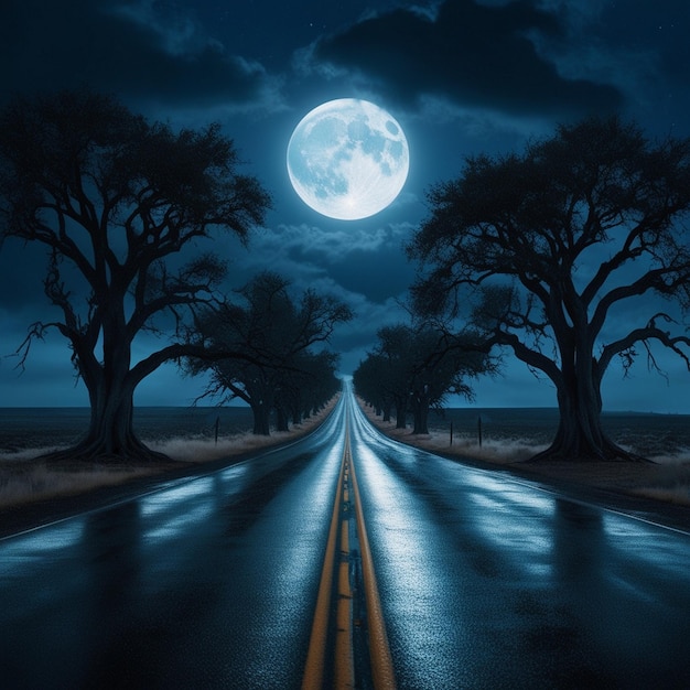 Photo moonlit isolation a haunting journey down a deserted road