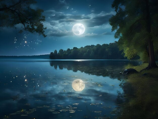 Photo moonlit lake with fireflies dancing along the shore