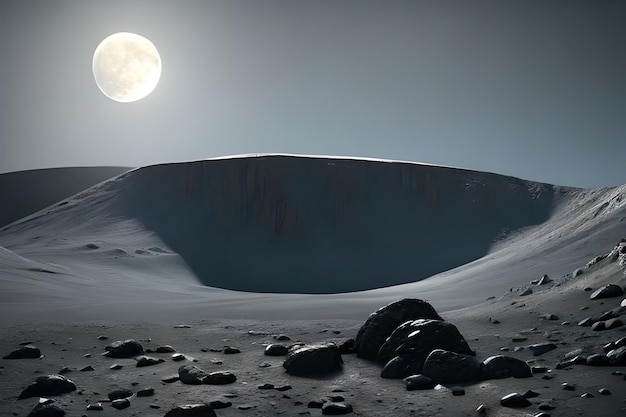 A moonlit landscape with a large moon in the background