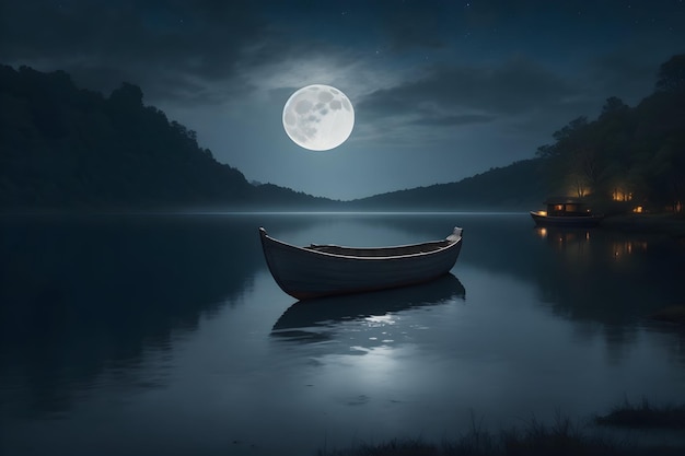 A moonlit landscape with a shimmering lake and a lone boat drifting on the water generated by Ai