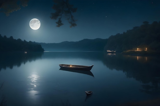 A moonlit landscape with a shimmering lake and a lone boat drifting on the water generated by Ai