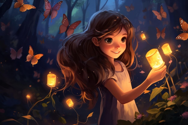 Moonlit Magic Girl and Glowing Butterfly Illuminate the Night