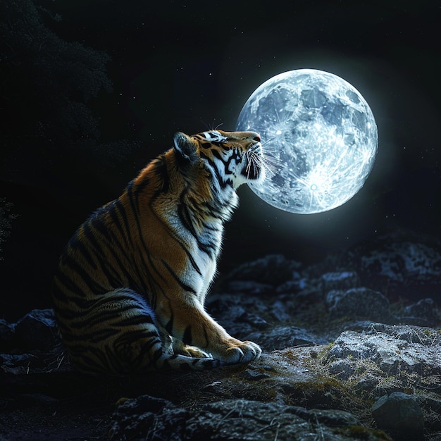 Moonlit Majesty A Tiger Under the Full Moon