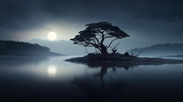 Moonlit Night Delicately Rendered Landscape With Zen Minimalism