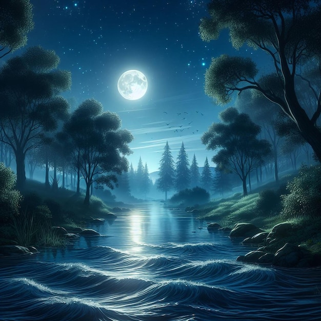 moonlit night river scene